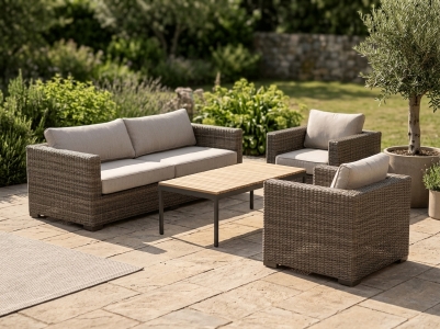 Brafab Ninja & Zalongo Loungeset inkl. Polster, 1 Sofa 3-Sitzer , 2 Loungesessel, 1  Loungetisch 150x60x45cm aus Teakholz