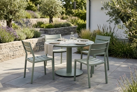 Brafab Peace & Delia Gartenm&ouml;belset nordic green, 4 Diningsessel stapelbar, 1 Tisch rund 110cm