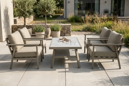 Brafab Samvaro Low Gartenm&ouml;belset Khaki-Sand, 4 Low Sessel mit Polster, 1 Loungetisch, 140x70x50cm
