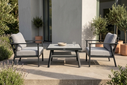Brafab Samvaro Low Set anthrazit, 2 Low Sessel mit Polster, 1 Low Loungetisch 90x90x50cm