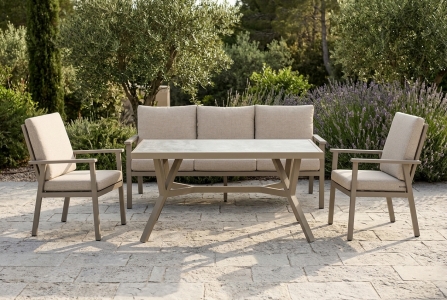 Brafab Samvaro Gatenm&ouml;belset khaki inkl. Polster, 1 High 3-Sitzer Sofa, 2 Diningsessel, 1  Loungetisch 140x90x65cm,