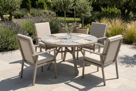 Brafab Samvaro Gartenm&ouml;belset khaki, 4 Diningsessel mit Kissen, 1 Tisch rund 140cm