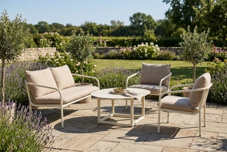 Brafab Bendt-Olive Gartenm&ouml;belset peal white inkl. Polster, 2 Sessel, 1 Sofa 2-Sitzer, 1 Loungetisch 110x80x40cm