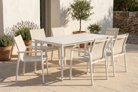 Brafab Delia-Nimes Gartenm&ouml;belset wei&szlig;, 6 Armlehnst&uuml;hle, 1 Esstisch 200x98cm