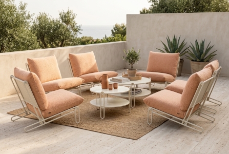 Brafab Blixt Loungeset pearl white-teddy orange inkl. Polster, 6 Loungesessel, 1 Loungetisch 65cm, 1 Loungetisch 85cm