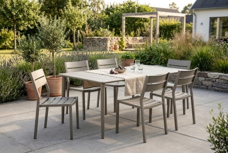 Brafab Nimes-Delia Gartenm&ouml;belset khaki, 6 Stapelsessel, 1 Esstisch 200x98cm