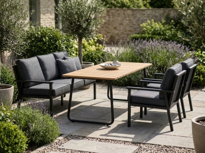 Brafab Rana-Nolli Gartenm&ouml;belset schwarz inkl. Polster, 1 Bank, 2 Sessel, 1 Tisch 175x90cm mit Teakplatte
