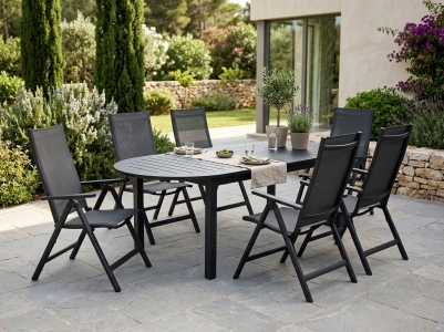 Brafab Rana-Lomma Gartenm&ouml;belset schwarz, 6 Positionsstuhl, 1 Ausziehtisch 220-280x110cm