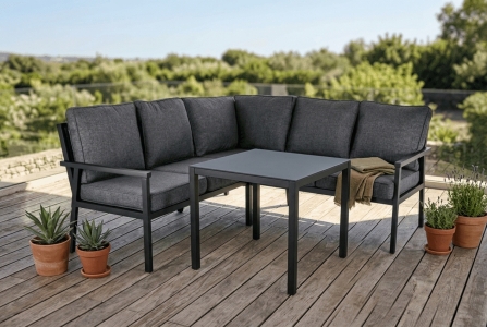 Rana Set Schwarz-Onyx, Ecklounge 195x195x92 cm, 1 Loungetisch Schwarz-Anthrazit 85x85x65cm
