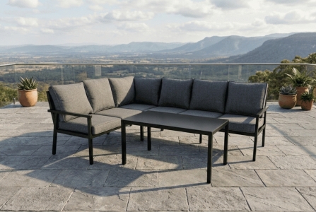 Rana Set Schwarz-Onyx, Ecklounge XL 195x252x78cm inkl. Kissen, 1 Loungetisch Schwarz-Anthrazit 137x77 H65cm