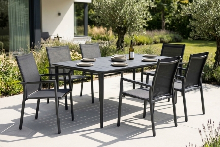 Brafab Avanti-Nimes Gartenm&ouml;belset anthrazit, 6 Diningsessel stapbelbar, 1 Esstisch 200x98cm