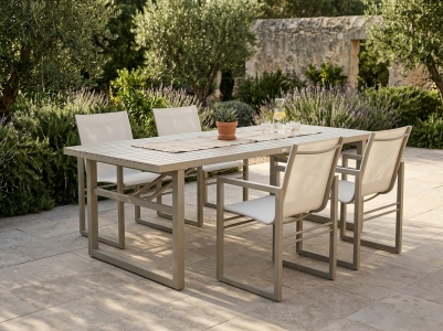 Brafab Vevi Gartenm&ouml;belset khaki, 4 Deiningsessel, 1 Tisch 230x95cm, Aluminium