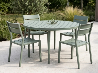 Brafab Delia-Bigby Gartenm&ouml;belset dusty green, 4 Stapelsessel, 1 Tisch rund 130cm