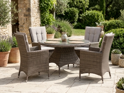 Brafab Ninja Gartenm&ouml;belset Geflecht, 4 Diningsessel mit Kissen, 1  Gartentisch rund 120cm mit Glasplatte