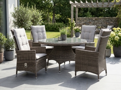 Brafab Ninja Gartenm&ouml;belset Relax-Geflecht, 4 Positionsst&uuml;hle R&uuml;cken verstellbar mit Kissen, 1 Gartentisch rund 120cm mit Glaspl