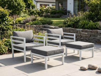 Brafab Weldon Gartenm&ouml;bel-Loungeset wei&szlig;, 2 Loungesessel mit Kissen, 2 Fu&szlig;hocker mit Kissen