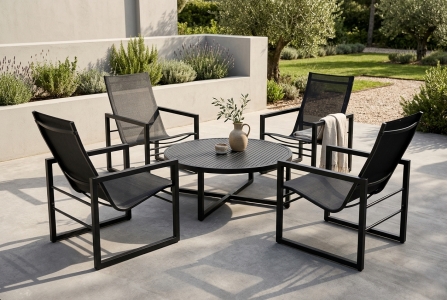 Brafab Vevi Gartenm&ouml;bel-Loungeset schwarz, 4 Loungesessel, 1 Loungetisch rund 100cm