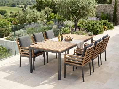 Brafab Zalongo Gartenm&ouml;belset, Alu-Teak, 6 Diningsessel mit Kissen, 1 Esstisch 200x100cm