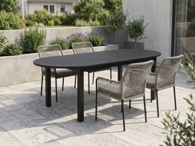 Brafab Vira-Lomma Gartenm&ouml;belset, 6 Diningsessel anthrazit mit Kissen, 1 Ausziehtisch schwarz 220-280x110cm