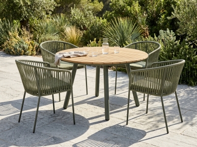 Brafab Piatto-Bam Bo Gartenm&ouml;belset nordic green, 4 Diningsessel mit Kissen, 1 Gartentisch 120cm, Tischplatte Bambus