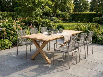 Brafab Brutus-Gotland Gartenm&ouml;belset, 6 Diningsessel stapelbar, 1  Ausziehtisch 200-265x100cm aus massivem Teak