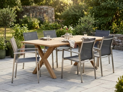 Brafab Brutus-Naos Gartenm&ouml;belset, 6 Diningsessel stapelbar, 1 Gartentisch 220x95cm Teak massiv