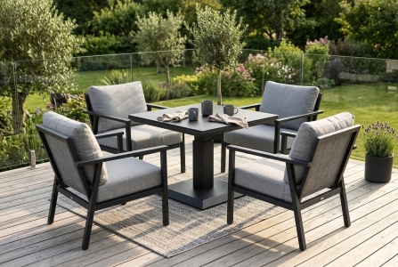 Brafab Heis-Samvaro Low  Loungegarnitur anthrazit, 4 Low Sessel mit Polster, 1 Loungetisch schwarz, 79x79cm h&ouml;henverstellbar 48-