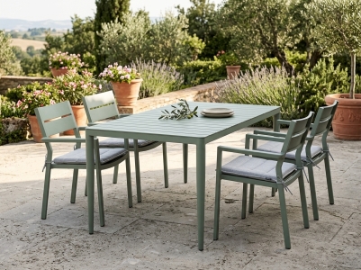 Brafab Delia-Bigby Gartenm&ouml;belset dusty green, 4 Armlehnst&uuml;hle mit Kissen, 1  Diningtisch 144x76cm