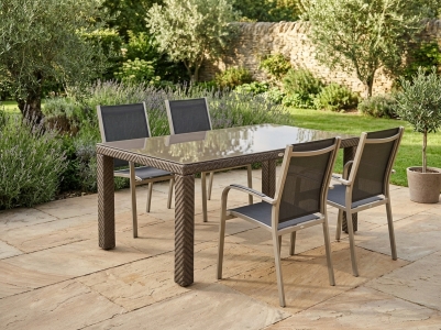 Ocean-Meran Gartenm&ouml;belset, 4 Stapelsessel, 1 Tisch 170x100cm mit Glasplatte